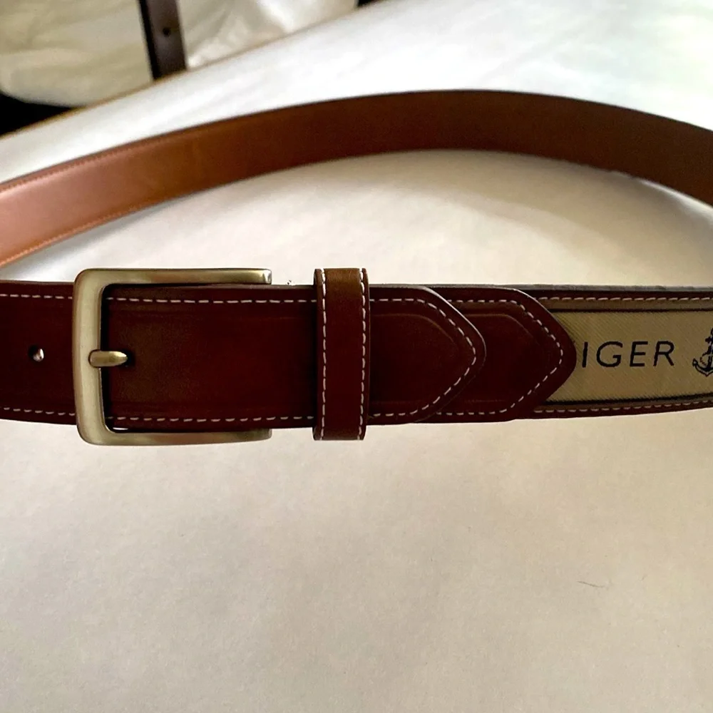 TOMMY HILFIGER Men's Brown Leather Belt Ribbon Logo Contrast Stitching Casual L